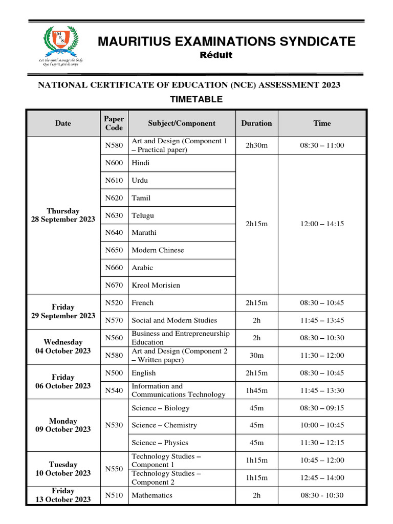 NCE Assessment 2023 Timetable PDF