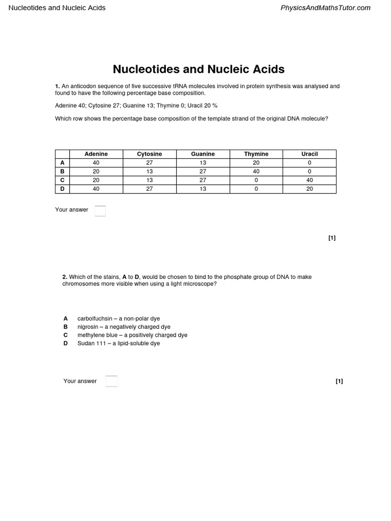 2.3 Nucleotides and Nucleic Acids MCQ QP PDF Dna Nucleic Acids