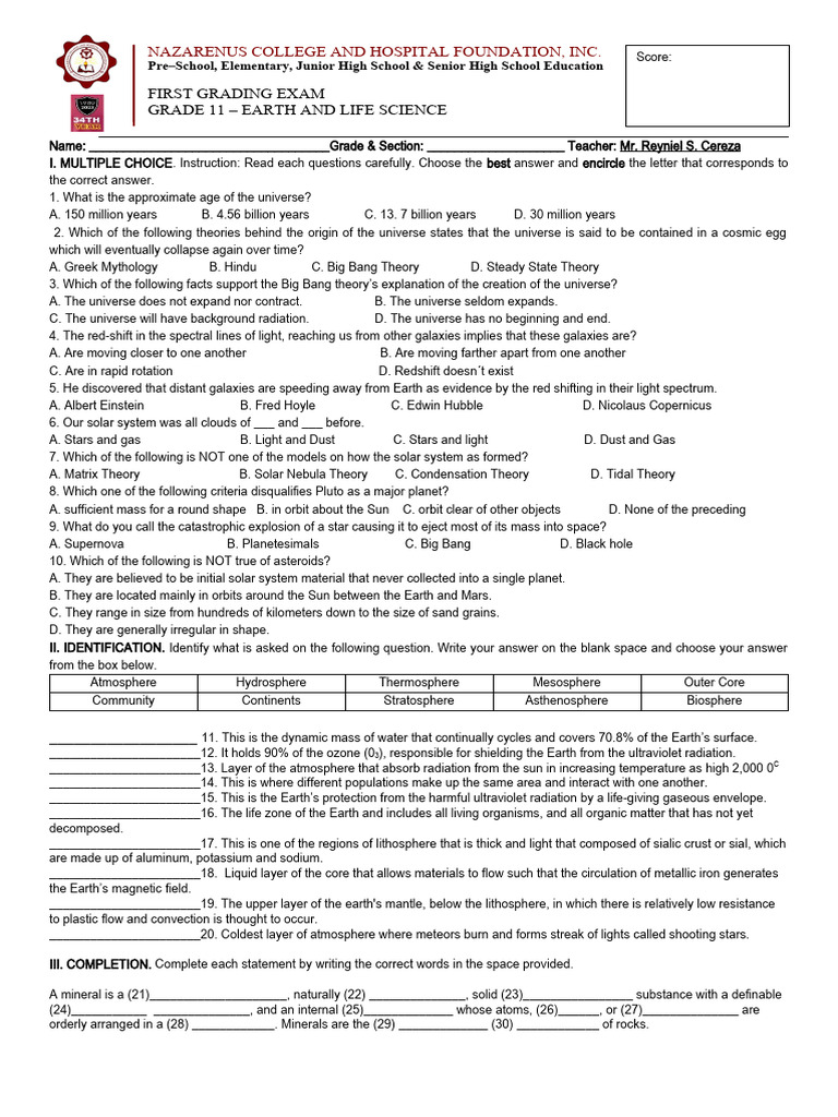 Grade 11 Earth Science First Quarter Exam | PDF | Universe | Earth