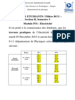 Planning de TP D'électricité BCG-Section B