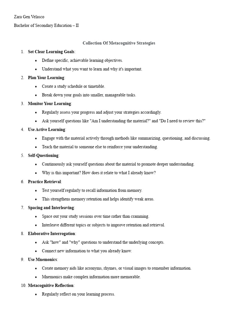 Effective Metacognitive Strategies for Learning | PDF | Memory ...