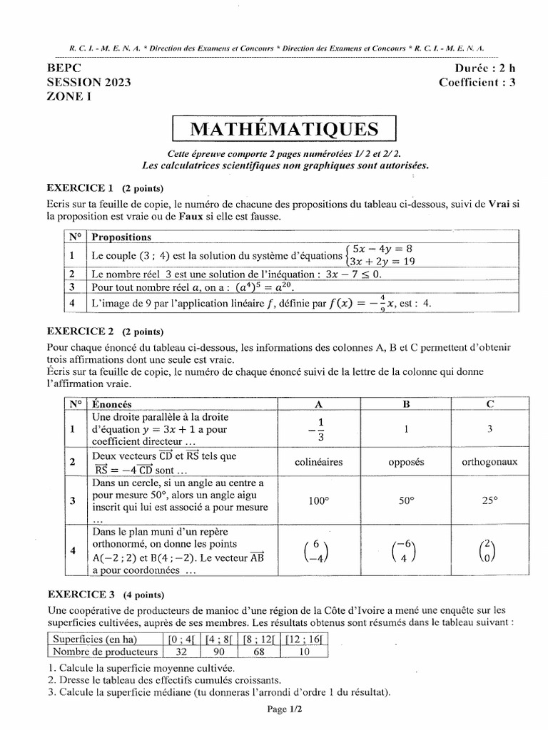 CORRIGÉ ET BARÈME_MATH BEPC_2023 PDF