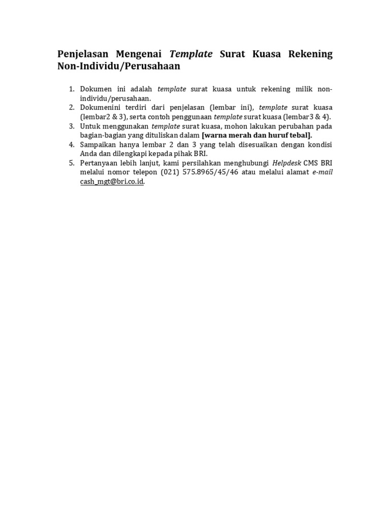 Template surat kuasa rekening non individu atau perusahaan pdf