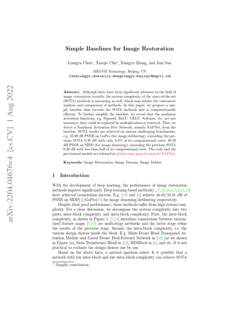 Simple Baselines For Image Restoration | PDF | Computer Vision | Deep ...