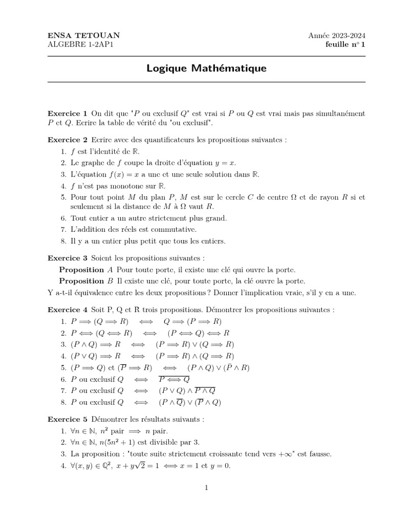 Logique Mathématique : Exercices d'Algèbre | PDF | Concepts ...