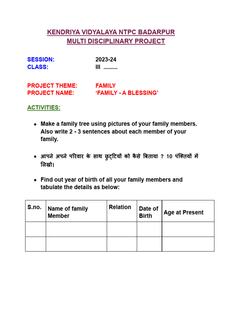 Family Blessing Project for Class 3 | PDF | Home & Garden