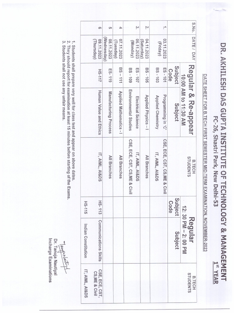 B.tech Datesheet | PDF