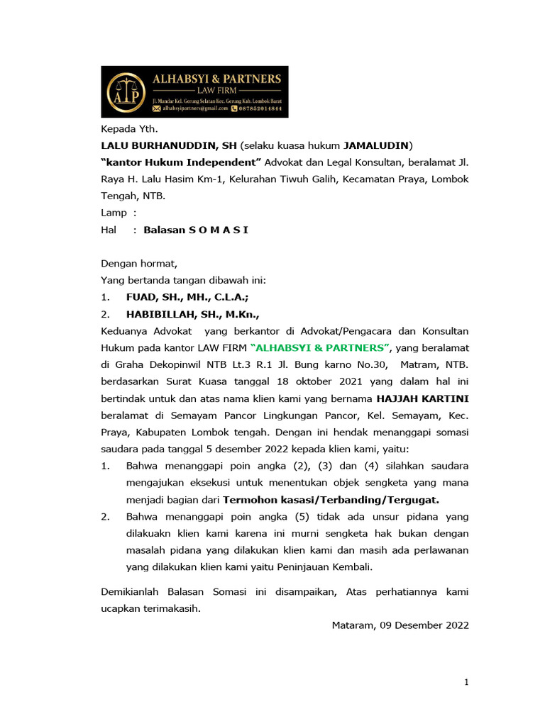 Contoh Balasan Surat Somasi Hukum | PDF | Hukum
