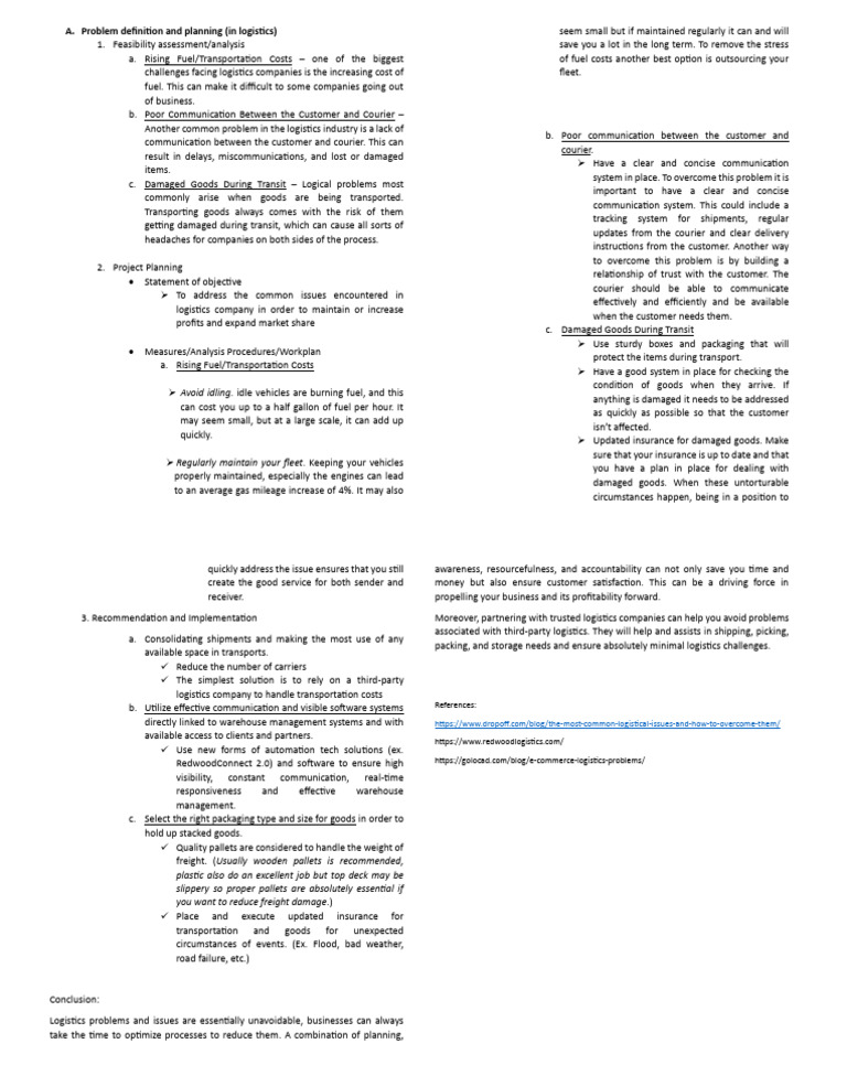 Problem definition and planning pdf logistics transport