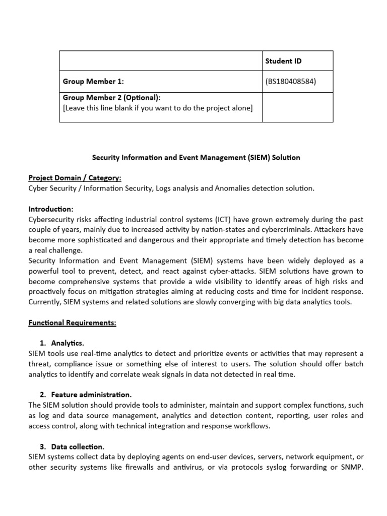 SIEM Solution Project Proposal | PDF | Security | Computer Security