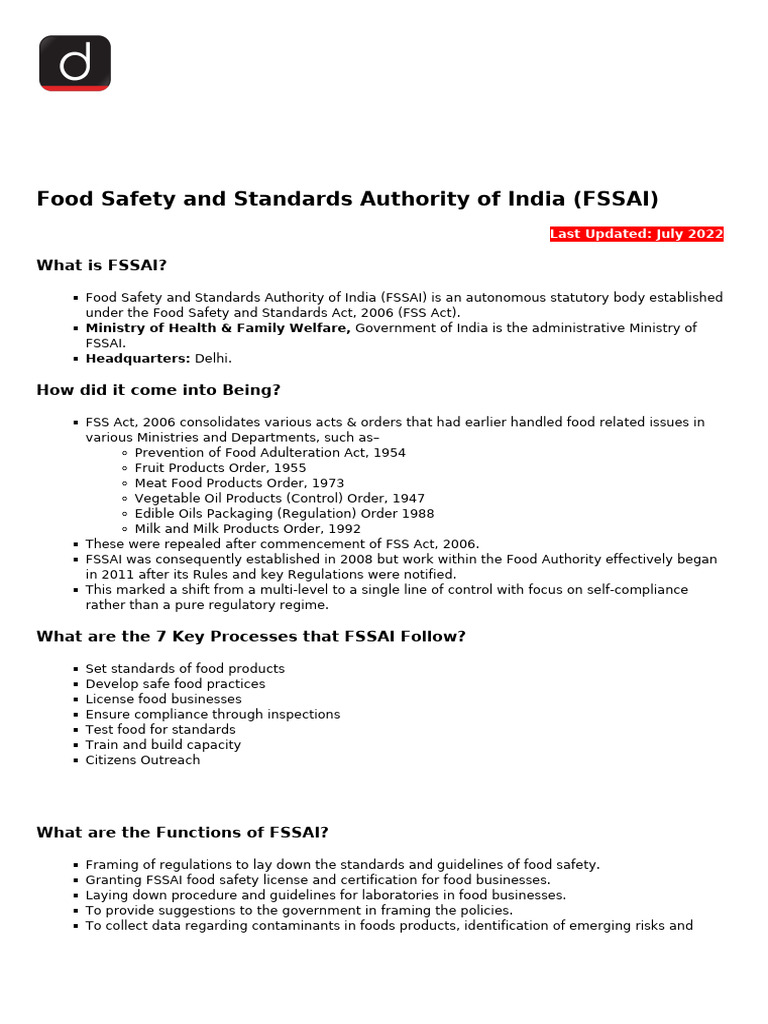 Food Safety and Standards Authority of India (FSSAI) | PDF | Food ...