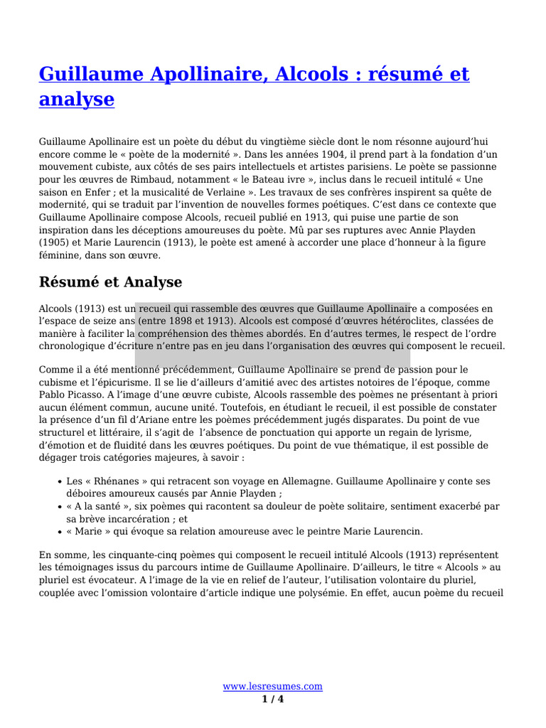 Résumé et analyse d'Alcools d'Apollinaire | PDF | Cubisme | Poésie
