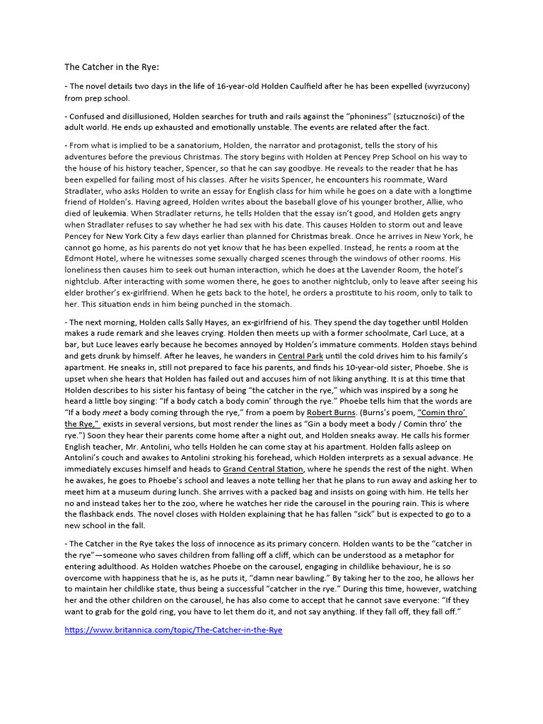 The Catcher in The Rye Summary PDF