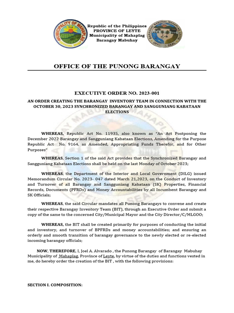 Barangay Inventory Team Creation Order | PDF | Government