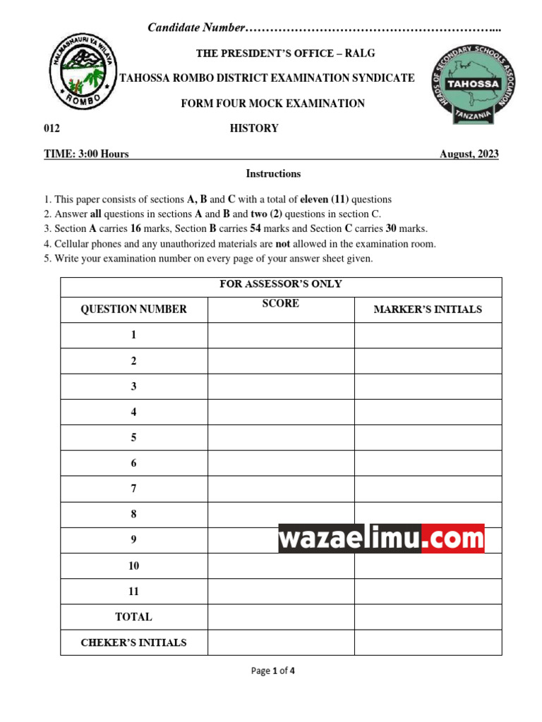 Form Four History Mock Exam 2023 | PDF | Colonialism | Africa