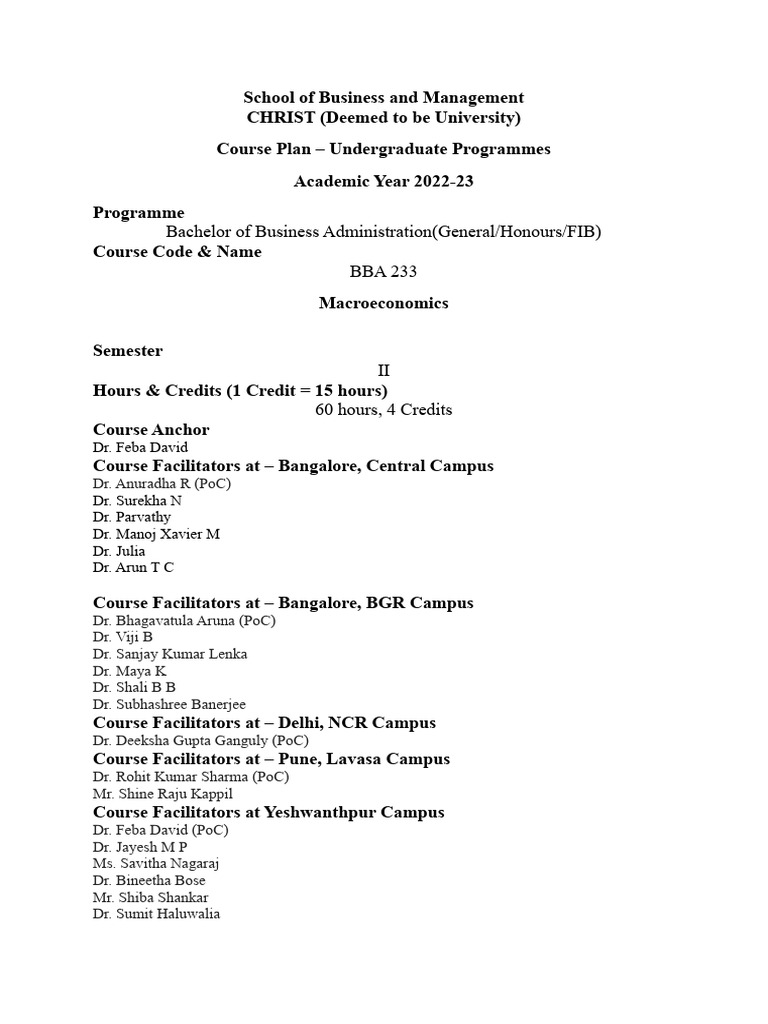Final Course Plan BBA233 - 2022-23 | PDF | Cost Of Living | Macroeconomics