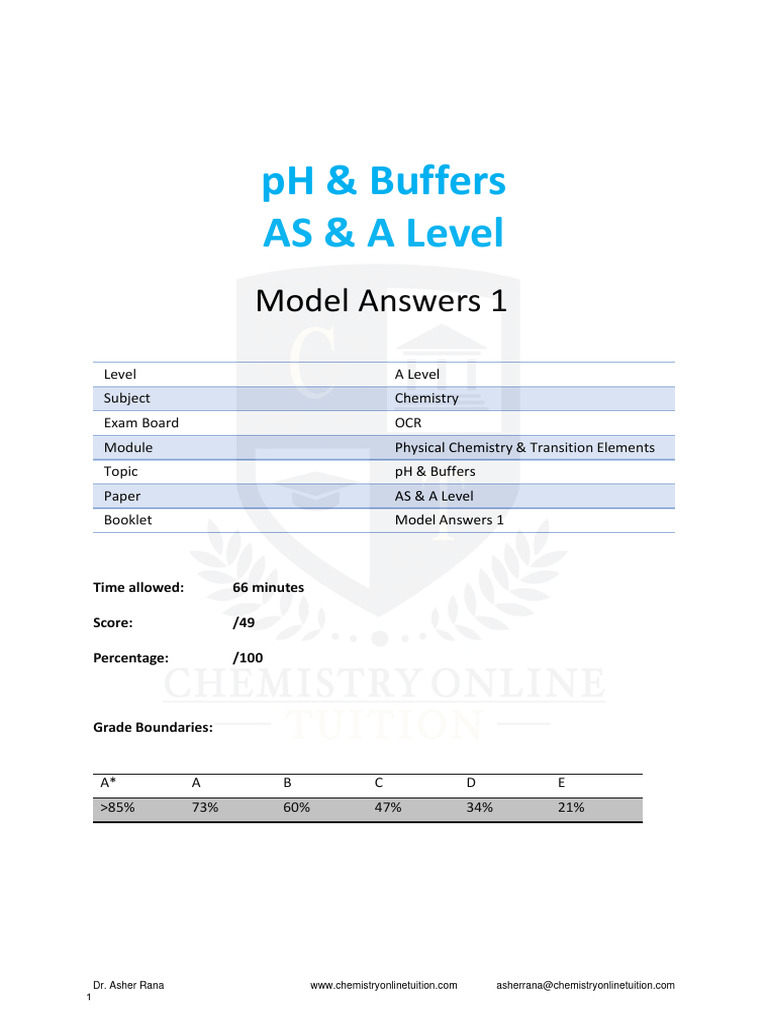23 PH Buffers ModelAnswers Booklet 1 As ALevel OCRALevelChemistry