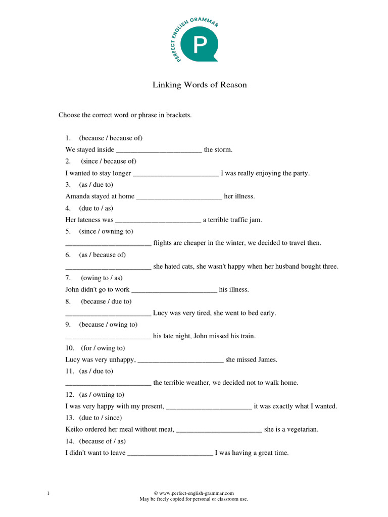 Linking words exercise 2 reason pdf