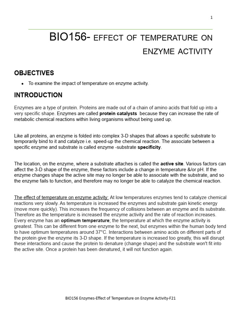 BIO156 Enzyme LabEffect of Temperature On Enzyme ActivityF21 PDF