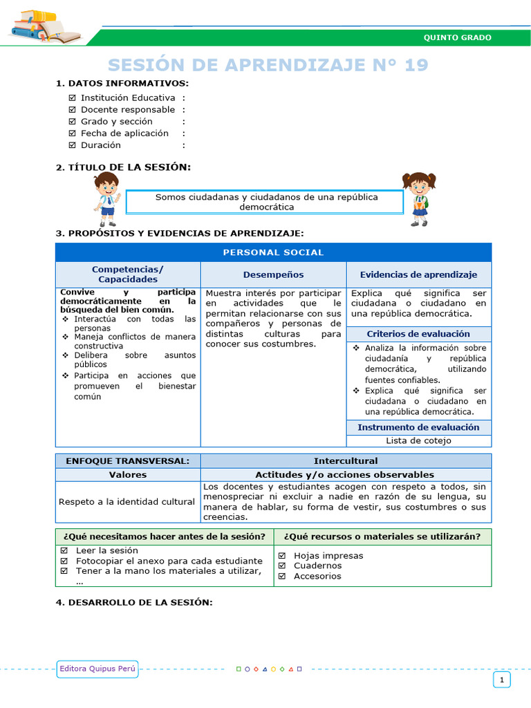 Sesiones de Aprendizaje - EDA V Semana 3 - Editora Quipus Perú-1 | PDF ...