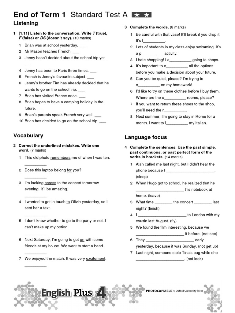 End of Term 1 Standard Test A | PDF