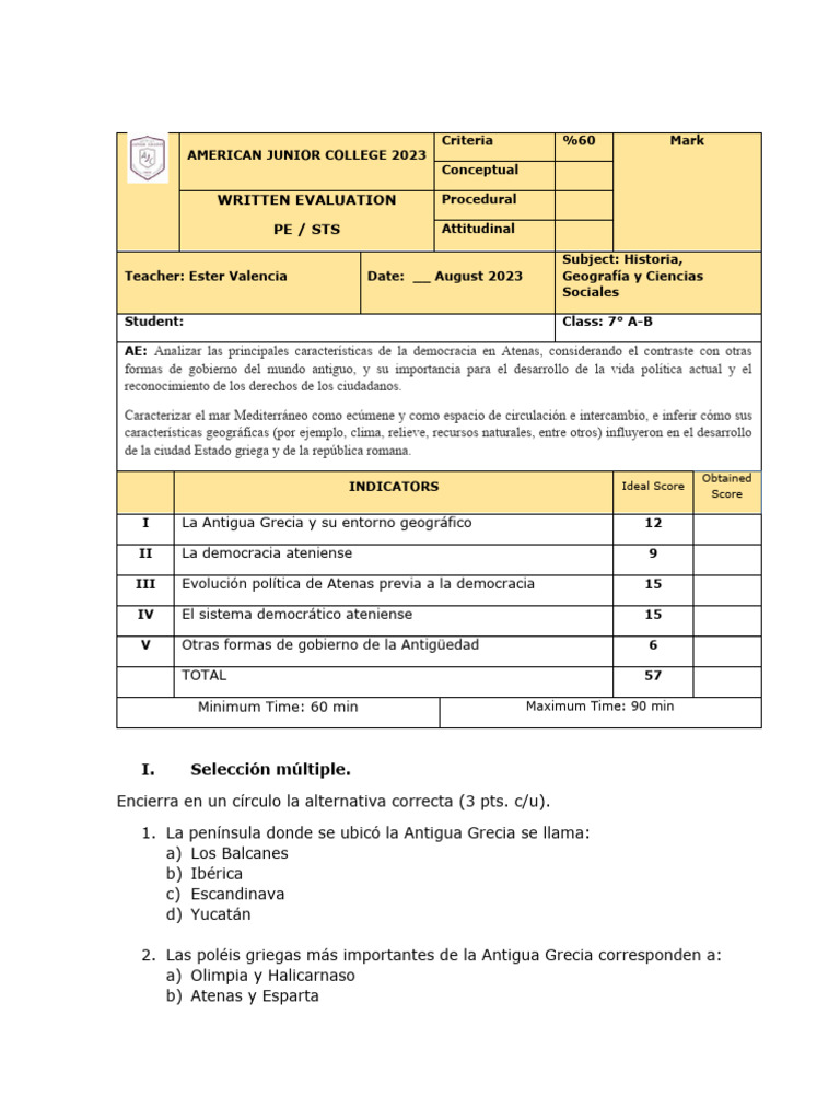 Evaluación sobre Democracia en Atenas | PDF | Antigua Grecia | Esparta