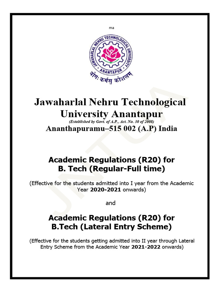 JNTUA B.Tech R20 Academic Regulations | PDF | Academic Degree | Course ...