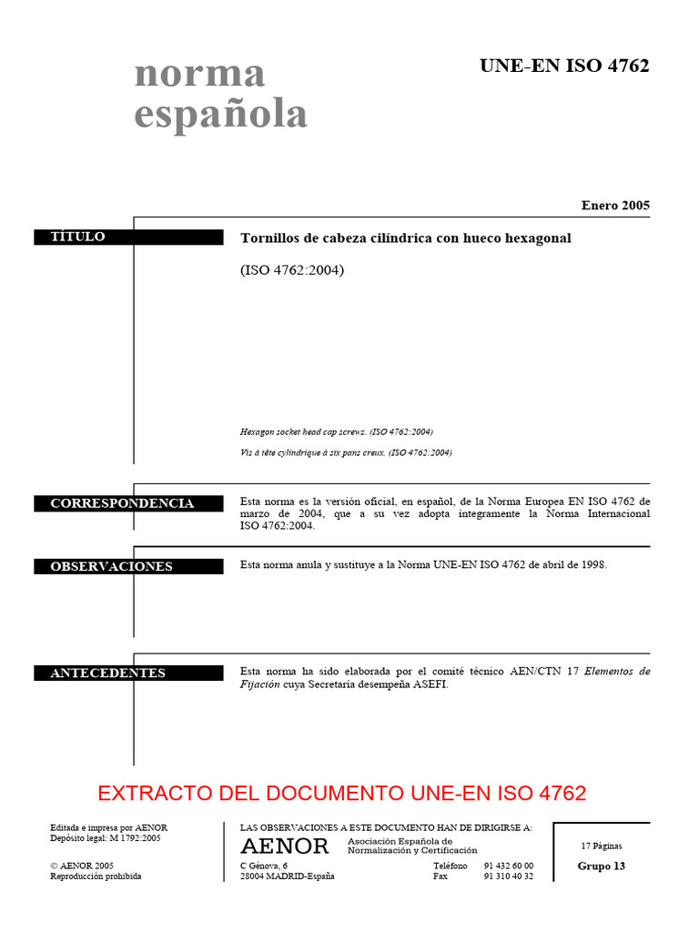 Ex Une En Iso 4762 2005 Pdf Tornillo Ingeniería De Edificación