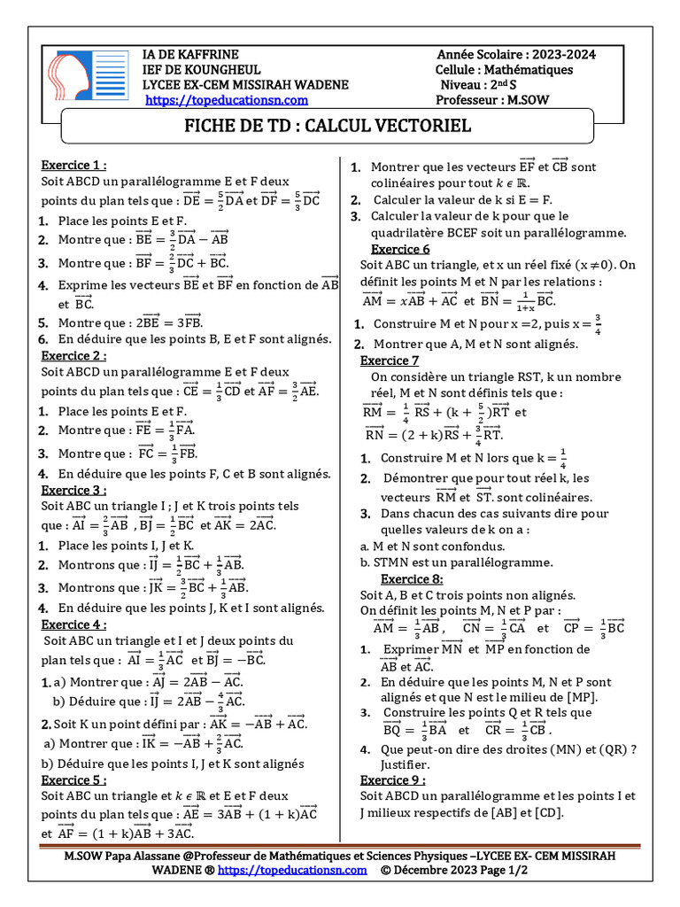 TD Calcul Vectoriel | PDF | Triangle | Géométrie