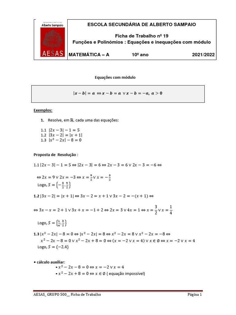 Exercícios de Equações e Inequações com Módulo | PDF | Analise ...