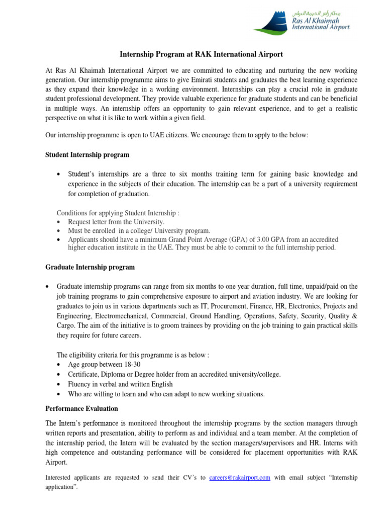 Internship Program Rak Airport Pdf Internship Job Hunting