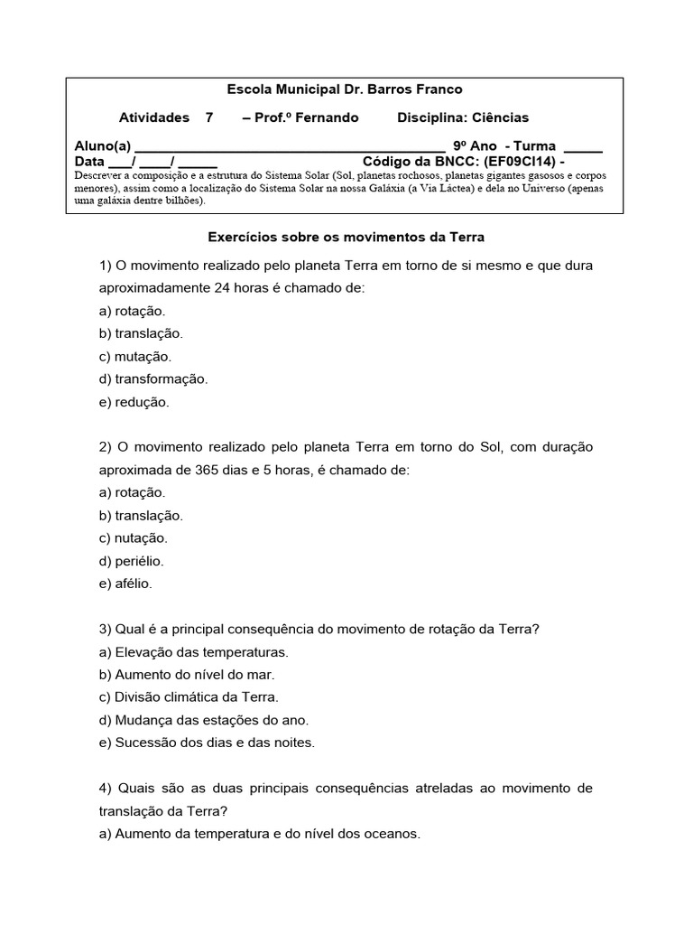 Movimentos Da Terra Pdf Terra Planetas