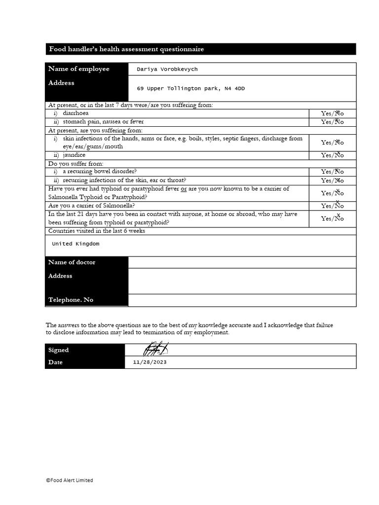 Food Handlers Questionnaire PDF Diseases And Disorders Clinical