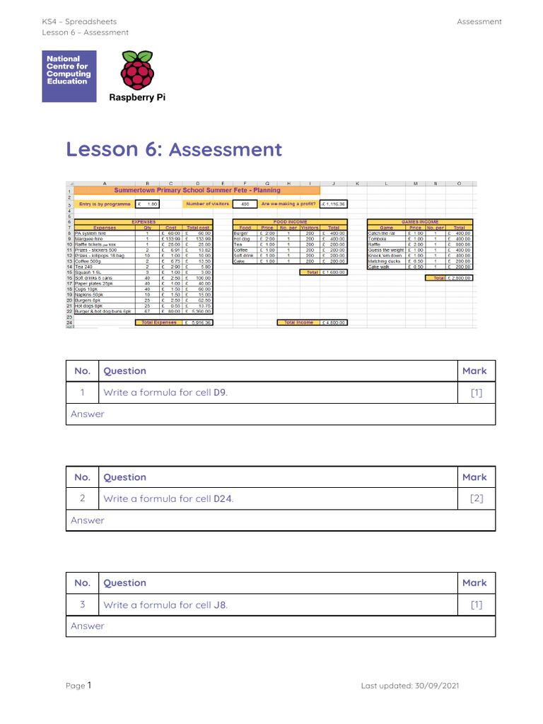 KS4 Spreadsheets Lesson 6 Assessment | PDF | Spreadsheet | Information ...