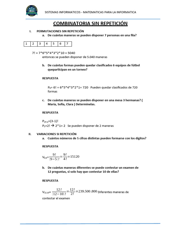 Combinaciones Sin Repetición: Ejercicios Resueltos | PDF | Placa de ...
