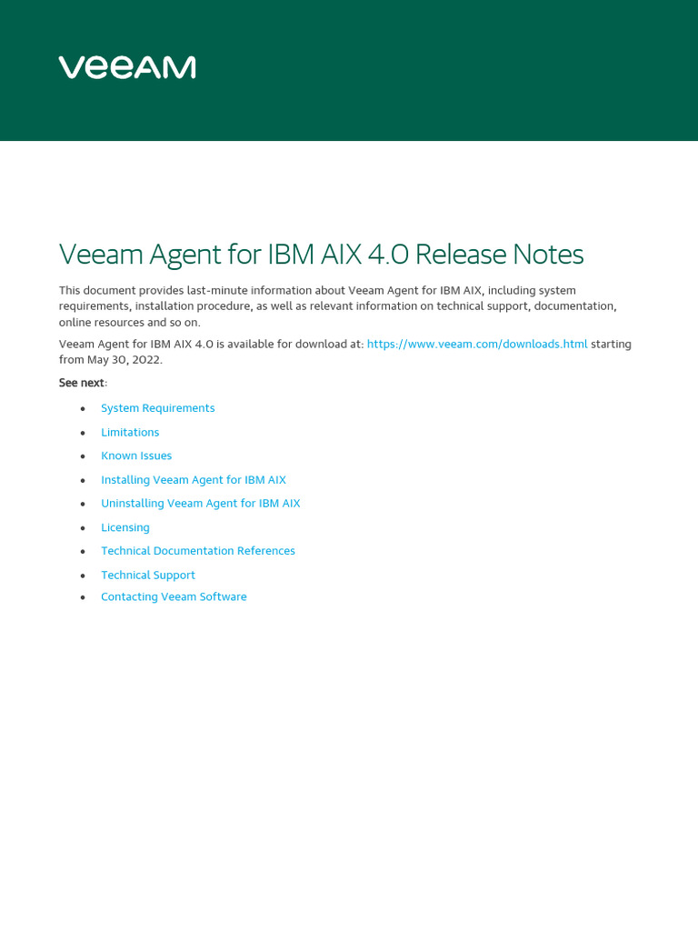 Veeam Agent for IBM AIX 4.0 Release Notes | PDF | Backup | File System