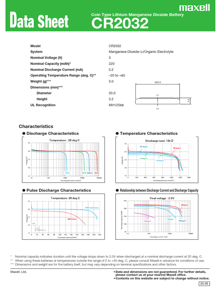 CR2032 DataSheet 20e PDF Electrical Engineering Battery (Electricity)