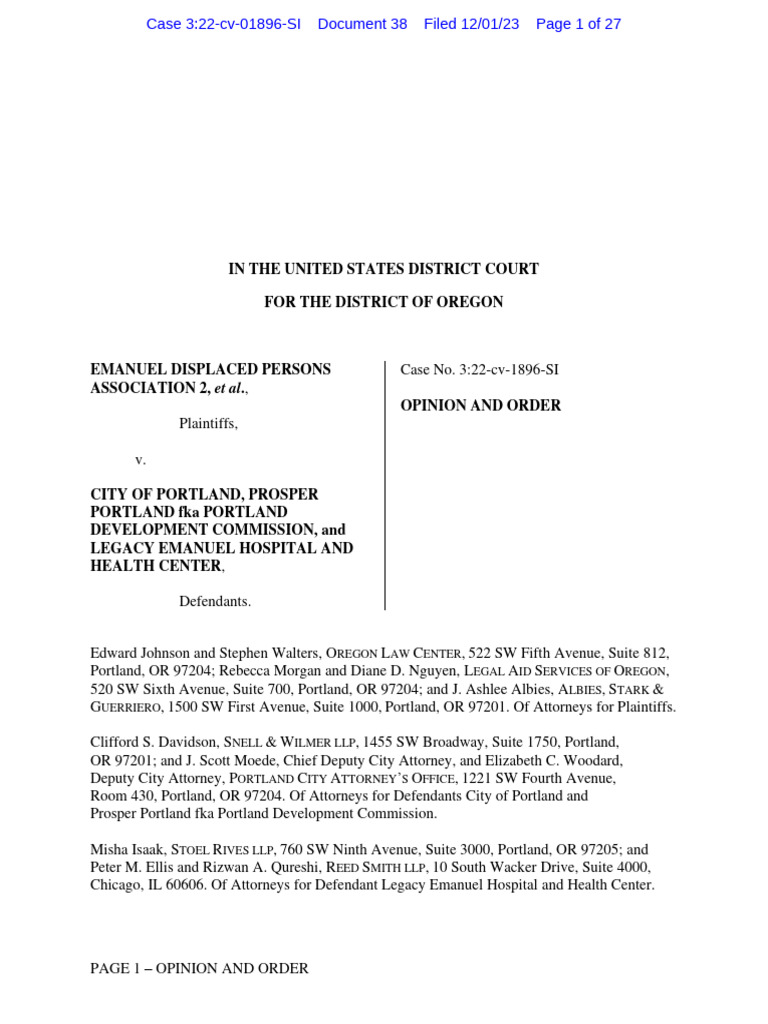 Emanuel Displaced Lawsuit Order | PDF | Standing (Law) | Legal Remedy