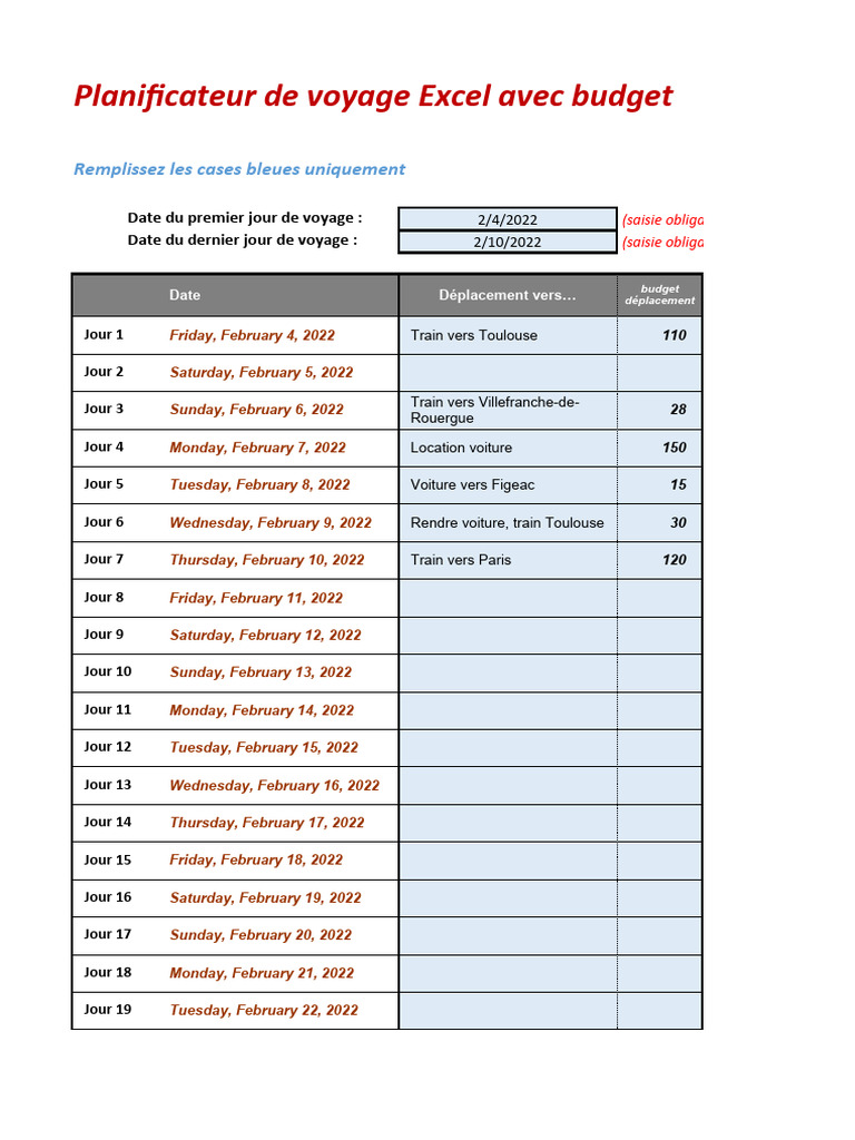 Planificateur de Voyage Excel et Budget | PDF