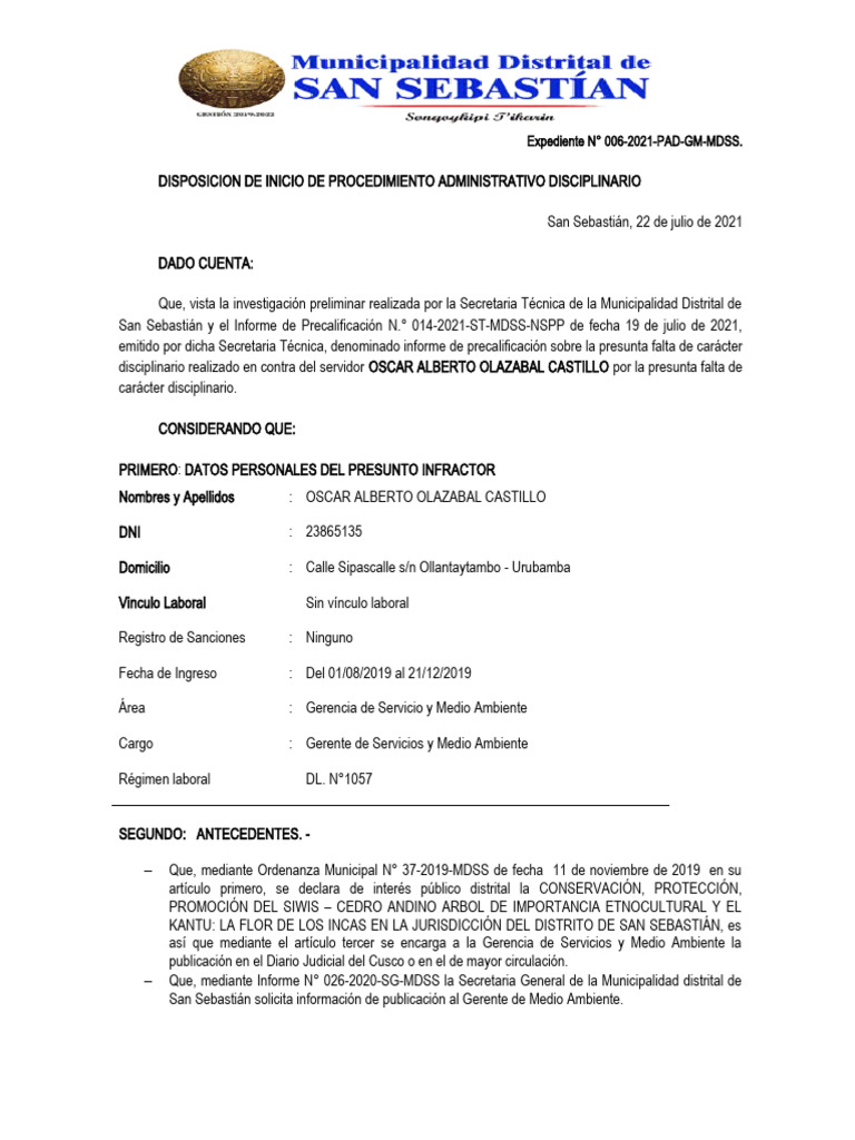 Disposicion de Inicio de Procedimiento Administrativo Disciplinario ...