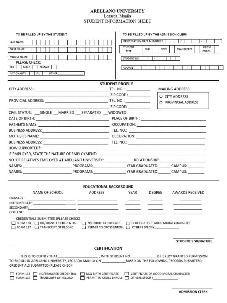 Arellano University Student Info Sheet | PDF
