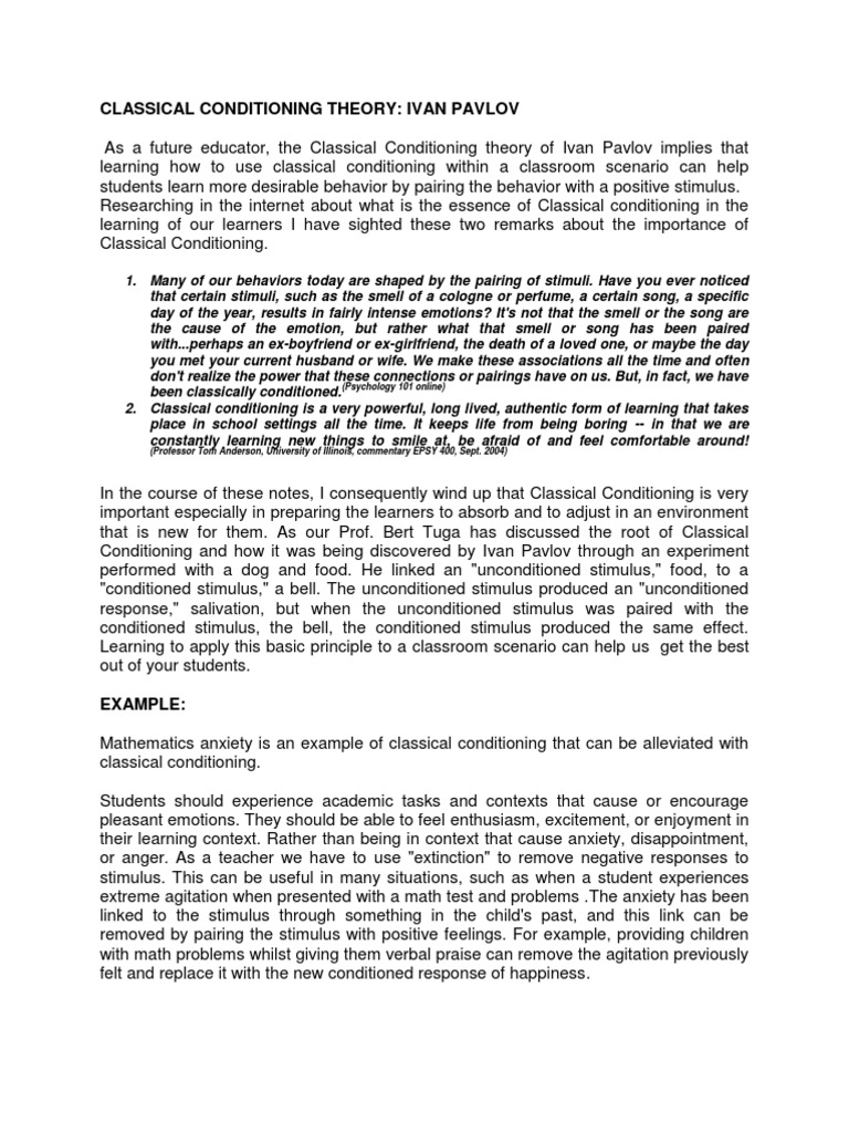 Classical Conditioning in Education | PDF | Classical Conditioning ...