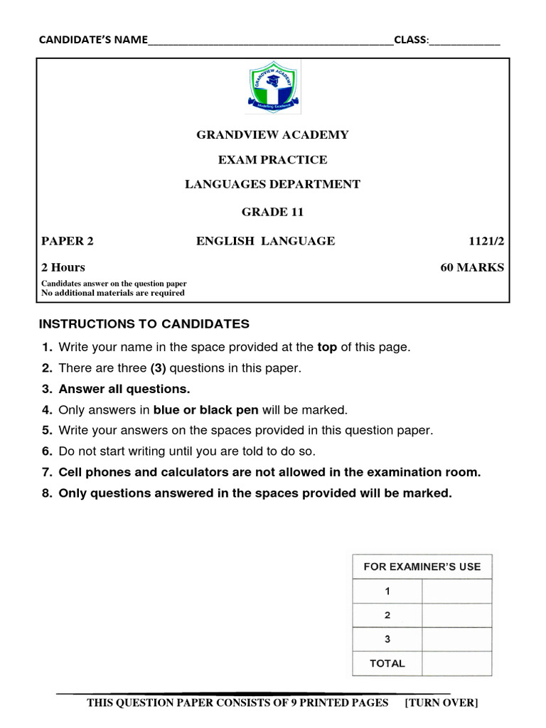 Grade 11 Eng Paper 2 Exam Practice 2020 Download Free PDF