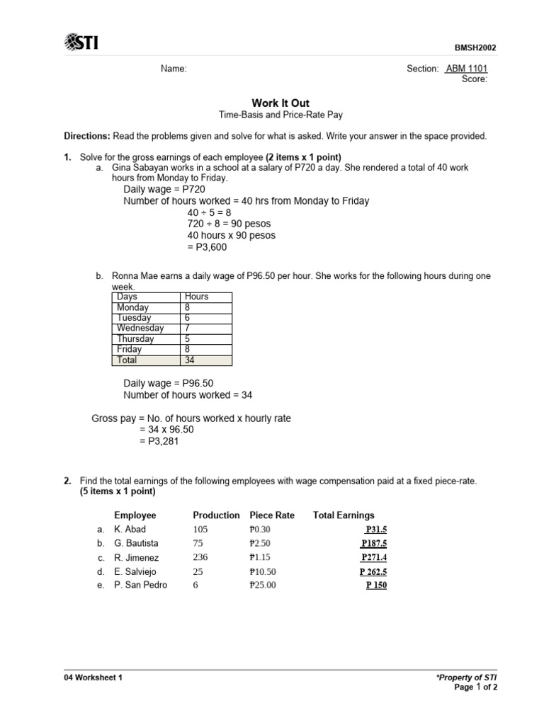 04 - Worksheet - 1-Activity in Busmath | PDF | Piece Work | Business