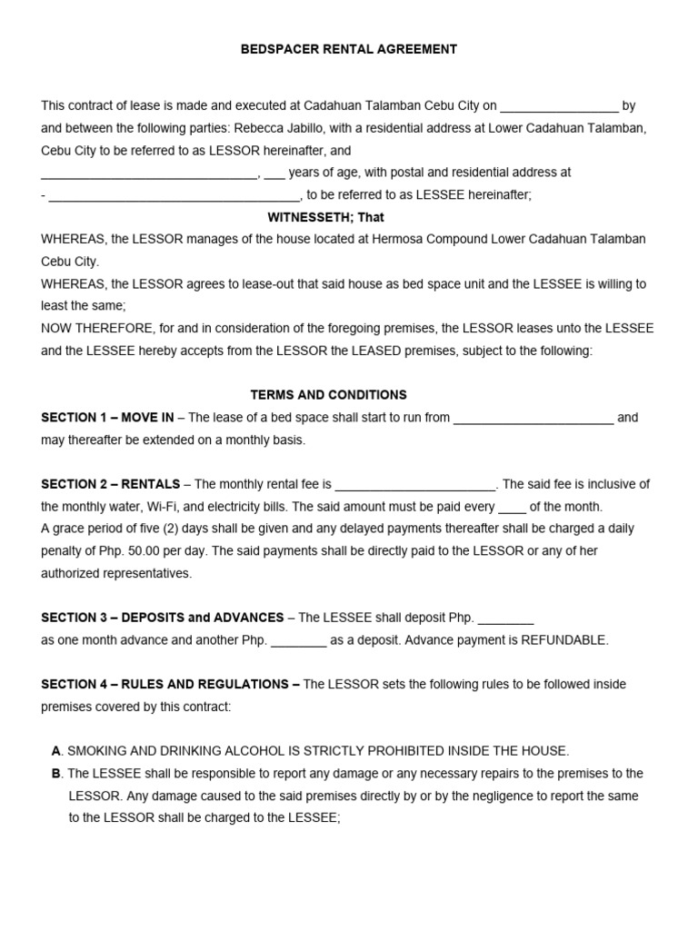 Bedspace Rental Agreement Template | PDF | Lease | Business