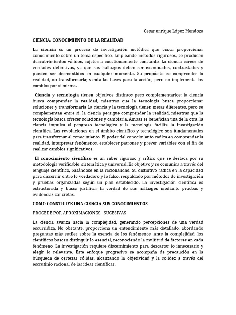 Ciencia Conocimiento de La Realidad | PDF | Conocimiento | Science