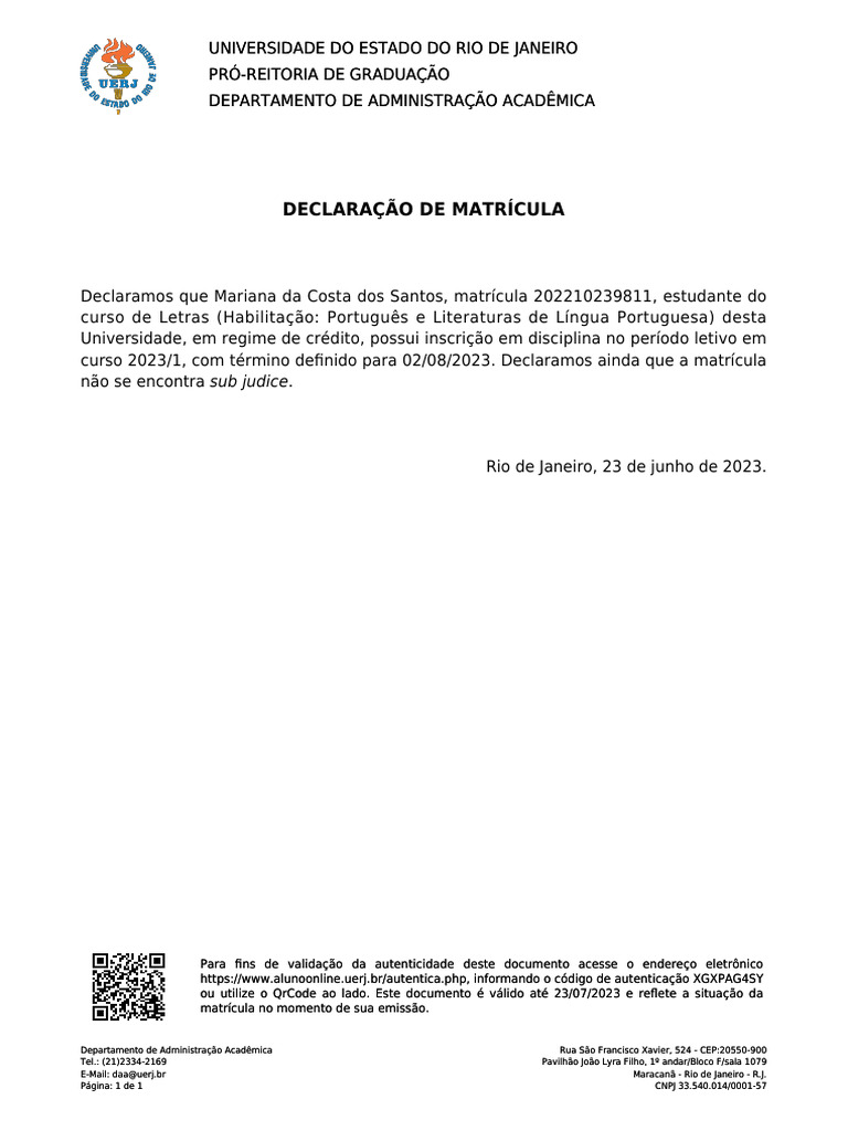 Declaração de Matrícula UERJ 2023 | PDF