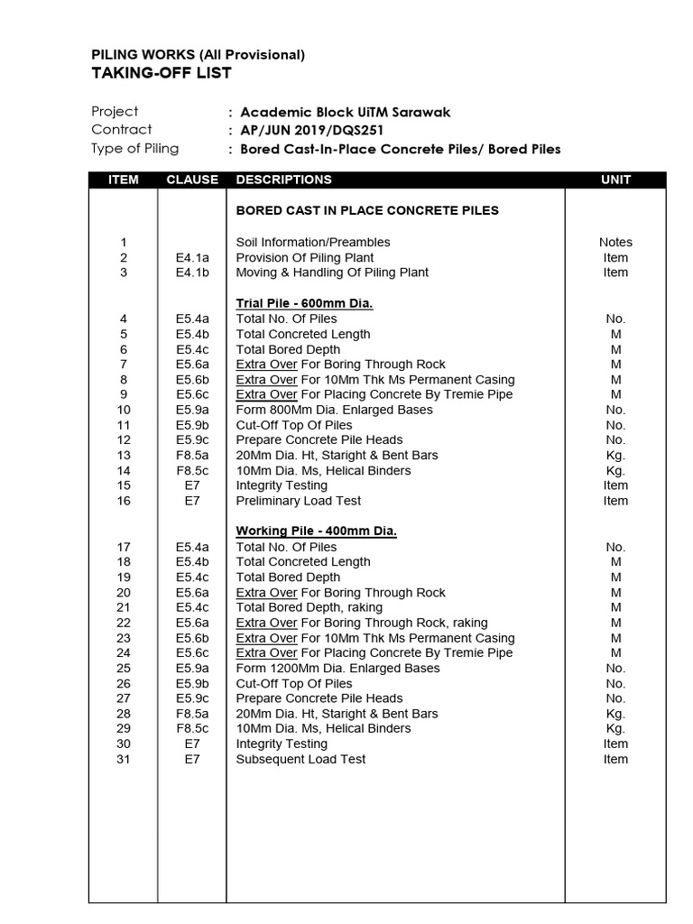 Taking off list piling works all provisional pdf deep foundation