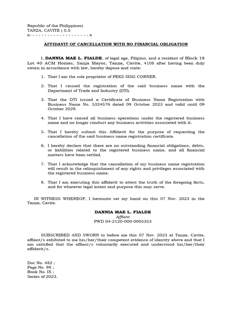 Affidavit of cancellation of registration in dti pdf