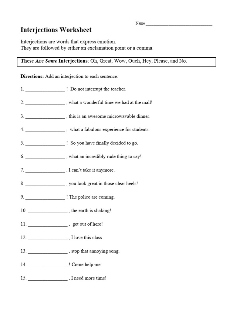 Interjections Worksheet PDF
